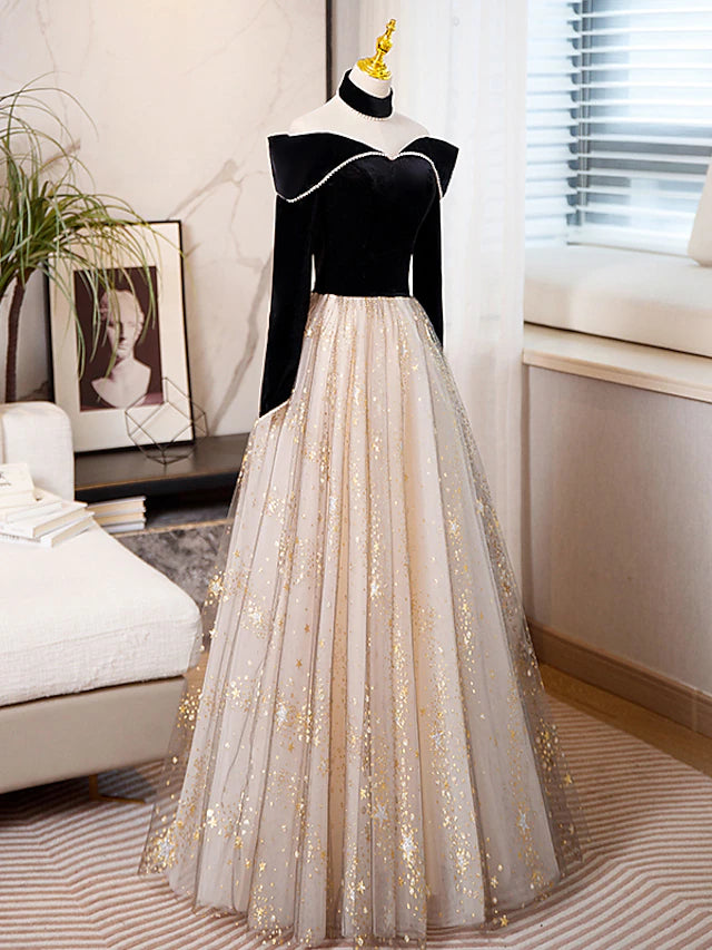 Luolandi A-Line Prom Dresses Sparkle & Shine Dress Engagement Floor Length Long Sleeve Sweetheart Tulle