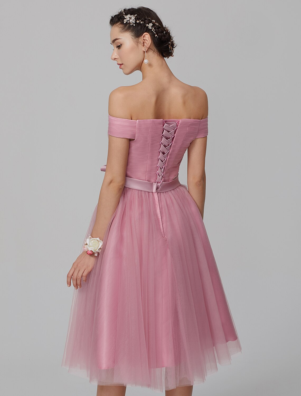 Luolandi A-Line Off Shoulder Knee Length Tulle Bridesmaid Dress with Sash / Ribbon Draping