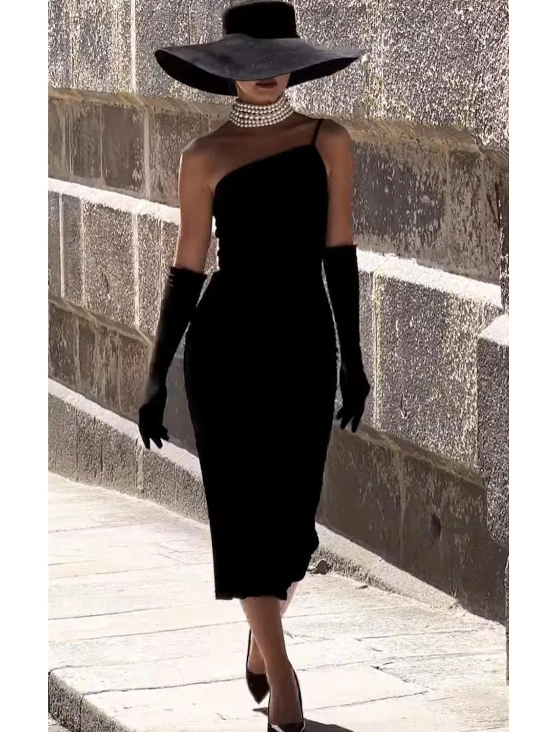 Luolandi Sheath / Column Cocktail Dresses 1950s Dress Evening Party Tea Length Sleeveless One Shoulder Fabric Without gloves