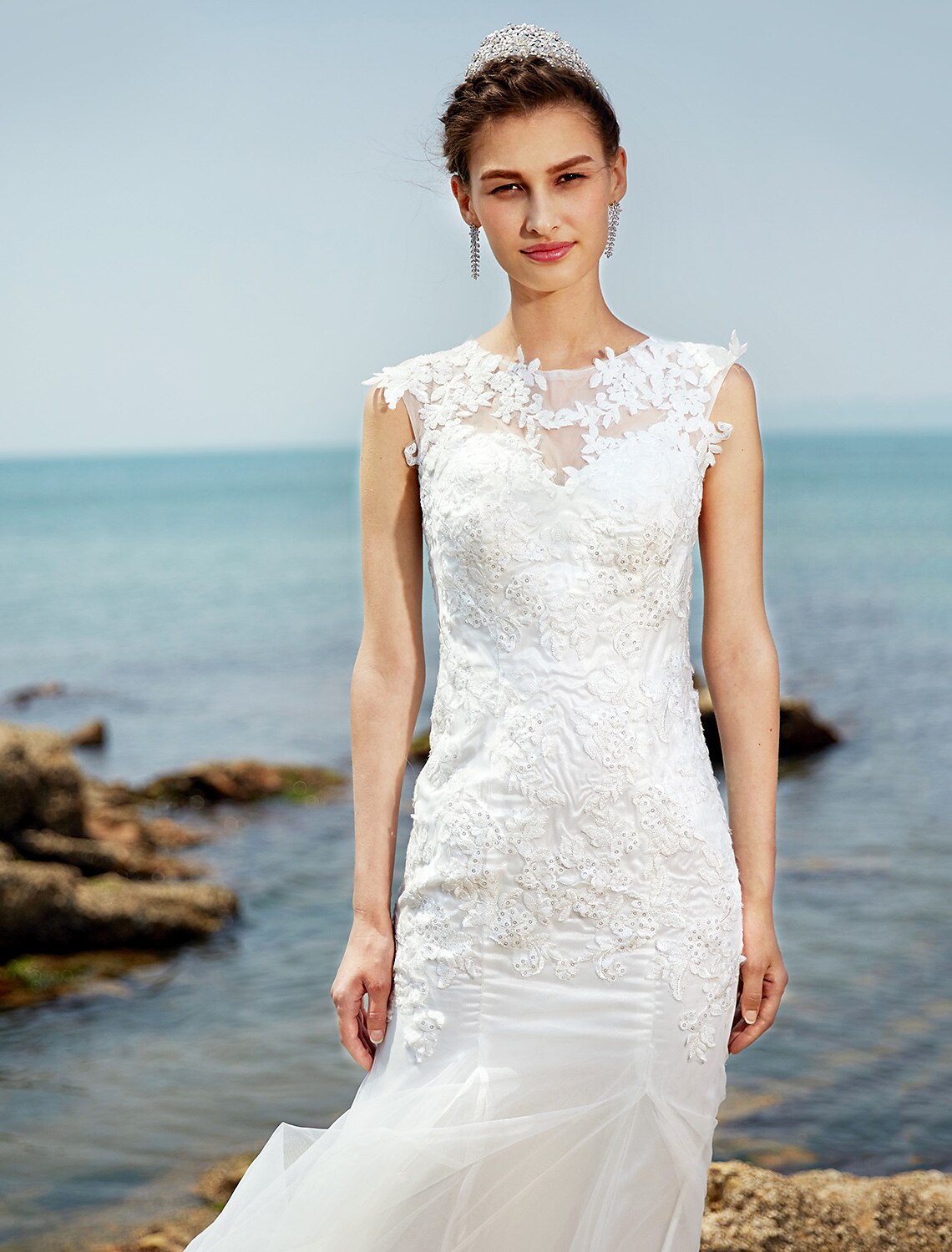 Luolandi Mermaid / Trumpet Bateau Neck Sweep / Brush Train Lace / Tulle Made-To-Measure Wedding Dresses with Lace