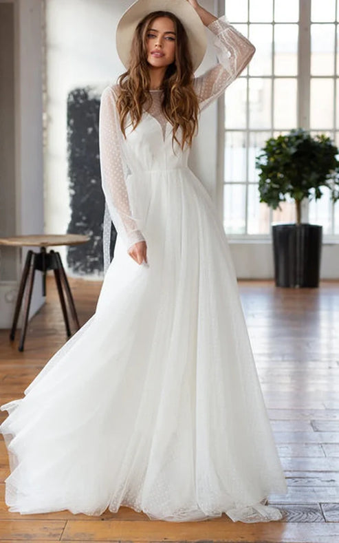 Luolandi Elegant A Line Chiffon Bateau Long Sleeve Wedding Dress with Beading Floor Length
