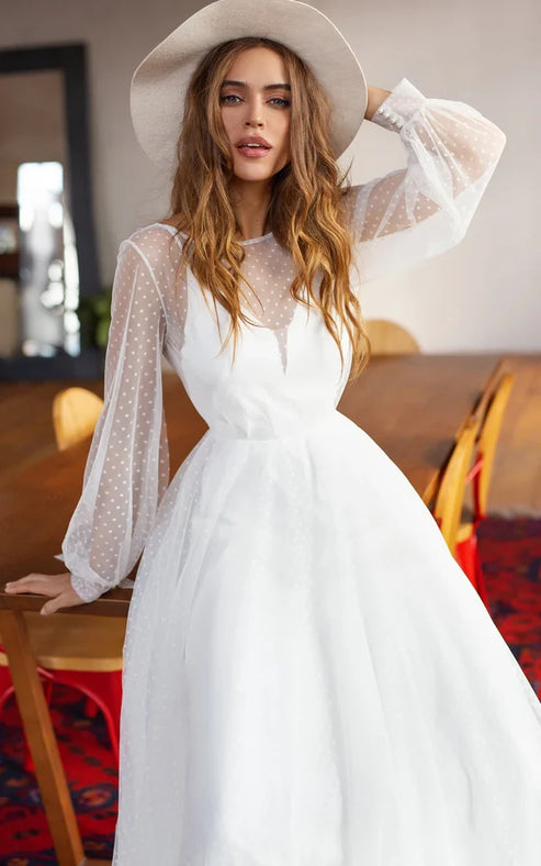 Luolandi Elegant A Line Chiffon Bateau Long Sleeve Wedding Dress with Beading Floor Length