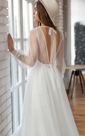 Luolandi Elegant A Line Chiffon Bateau Long Sleeve Wedding Dress with Beading Floor Length