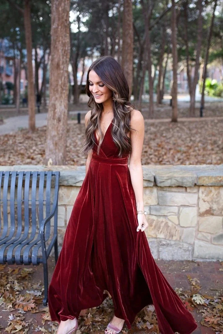 Luolandi Elegant A-Line Halter Backless Burgundy Velvet Long Bridesmaid Dresses Prom Gown Charming Evening Party Dress