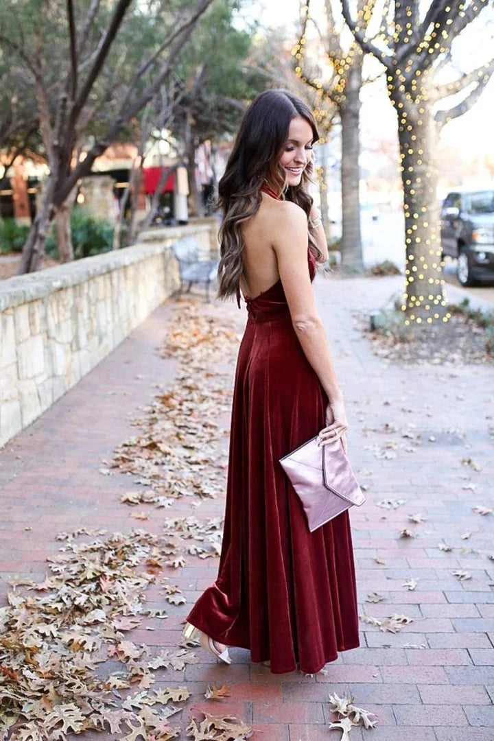 Luolandi Elegant A-Line Halter Backless Burgundy Velvet Long Bridesmaid Dresses Prom Gown Charming Evening Party Dress