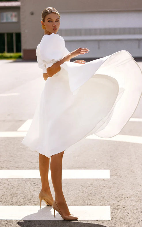 Luolandi Elegant Bateau A Line Satin Knee-length Wedding Dress Short Sleeve