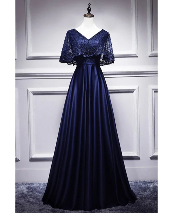 Luolandi Elegant short sleeves satin lace Prom Dress V-neck and ground length evening dress