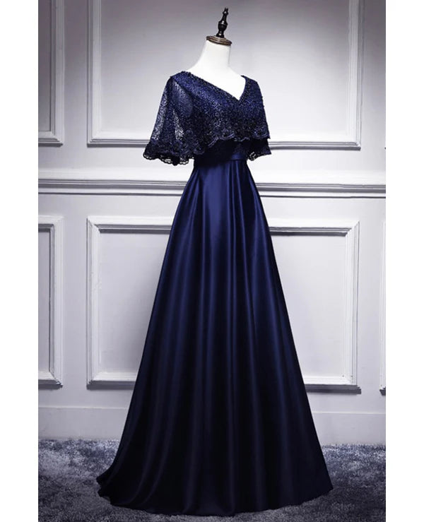 Luolandi Elegant short sleeves satin lace Prom Dress V-neck and ground length evening dress