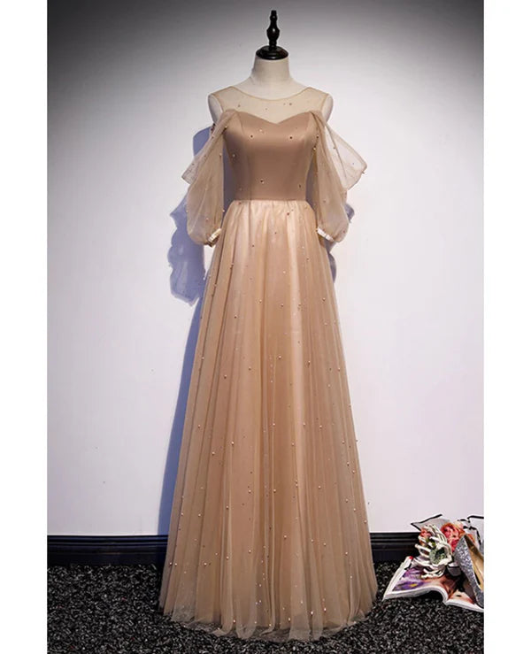 Luolandi Noble and Elegant Champagne Beaded Long sleeved Off Shoulder Ball Dress A-line Princess Off Shoulder Strap and Floor Length Prom Dress