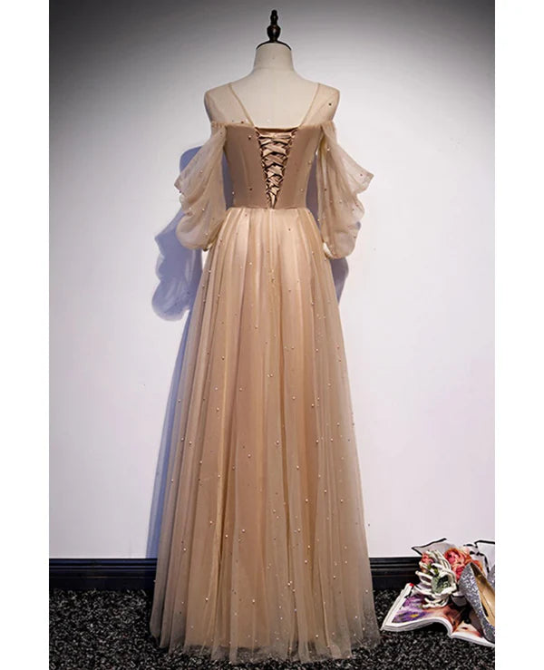 Luolandi Noble and Elegant Champagne Beaded Long sleeved Off Shoulder Ball Dress A-line Princess Off Shoulder Strap and Floor Length Prom Dress