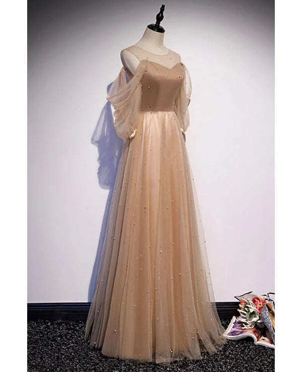 Luolandi Noble and Elegant Champagne Beaded Long sleeved Off Shoulder Ball Dress A-line Princess Off Shoulder Strap and Floor Length Prom Dress