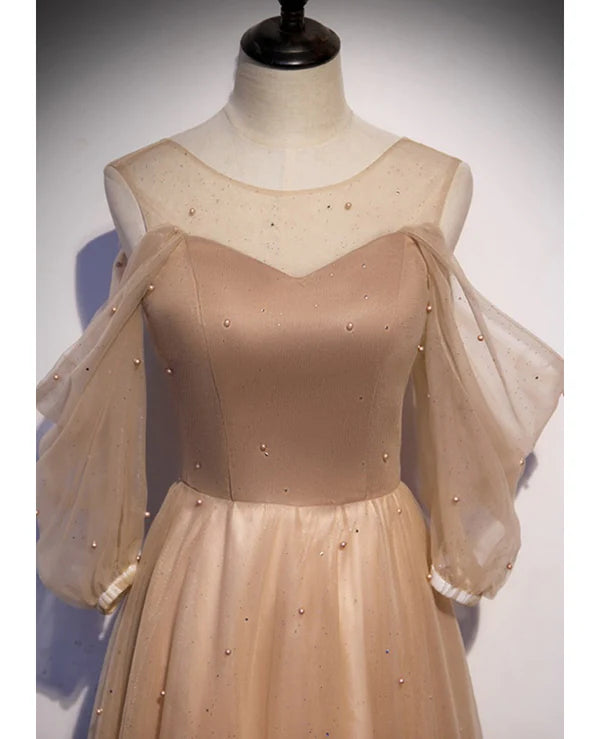 Luolandi Noble and Elegant Champagne Beaded Long sleeved Off Shoulder Ball Dress A-line Princess Off Shoulder Strap and Floor Length Prom Dress