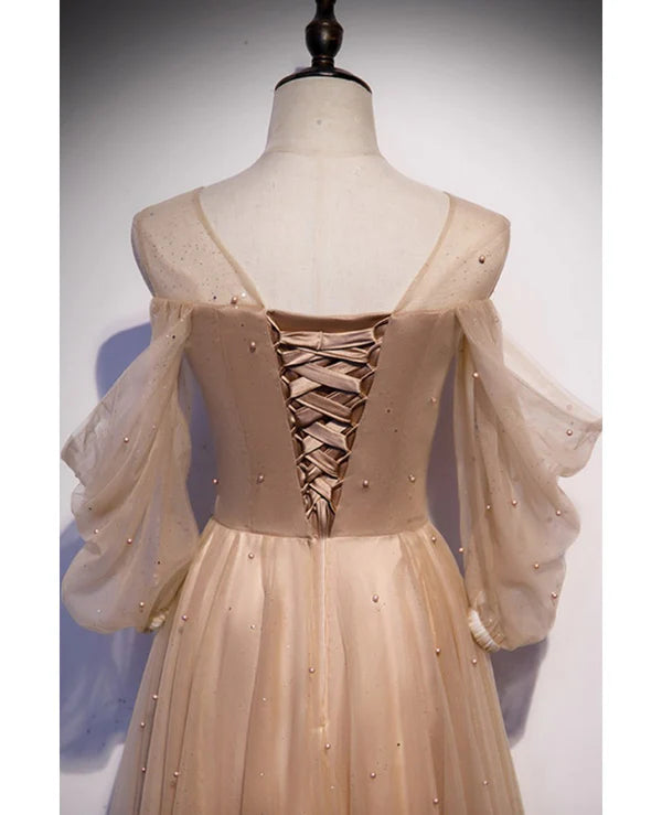 Luolandi Noble and Elegant Champagne Beaded Long sleeved Off Shoulder Ball Dress A-line Princess Off Shoulder Strap and Floor Length Prom Dress