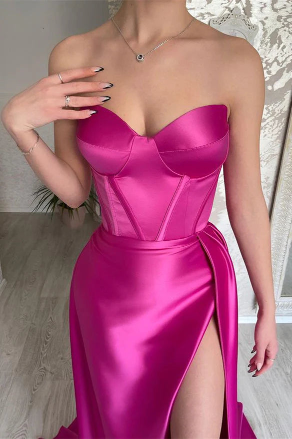 Luolandi Elegant Fuchsia Sweetheart Long Prom Dress Split With Ruffles Off Shoulder Solid Color Sexy Evening Dress