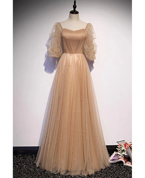 Luolandi Elegant and noble champagne short sleeved tulle beaded ball dress with backless straps and floor length evening dress
