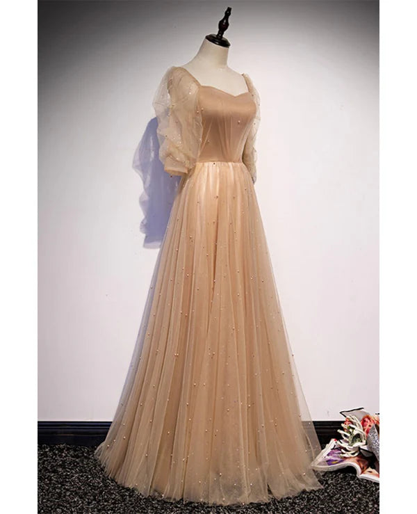 Luolandi Elegant and noble champagne short sleeved tulle beaded ball dress with backless straps and floor length evening dress