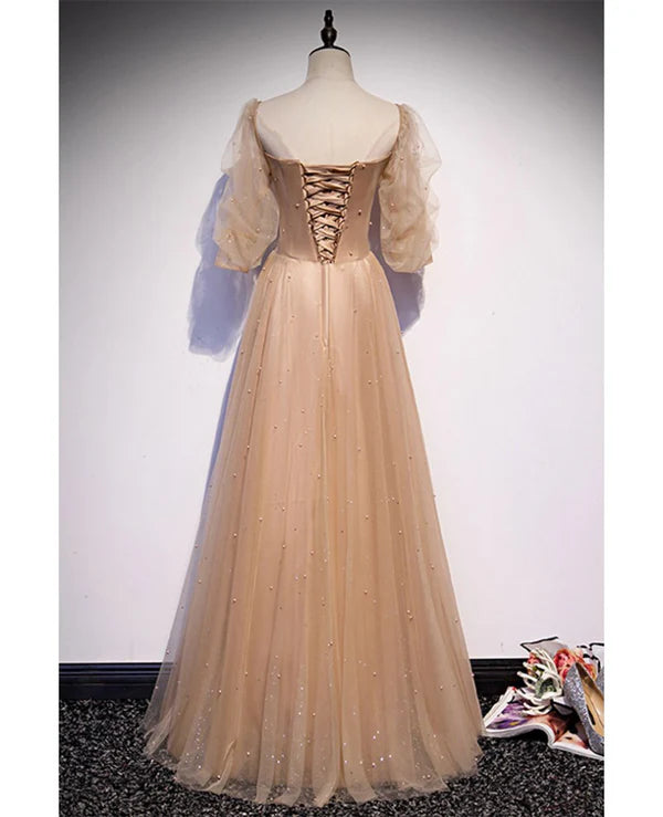 Luolandi Elegant and noble champagne short sleeved tulle beaded ball dress with backless straps and floor length evening dress