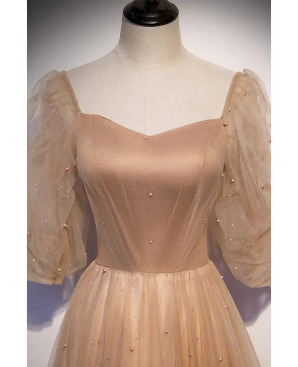 Luolandi Elegant and noble champagne short sleeved tulle beaded ball dress with backless straps and floor length evening dress