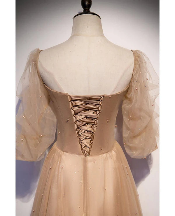 Luolandi Elegant and noble champagne short sleeved tulle beaded ball dress with backless straps and floor length evening dress