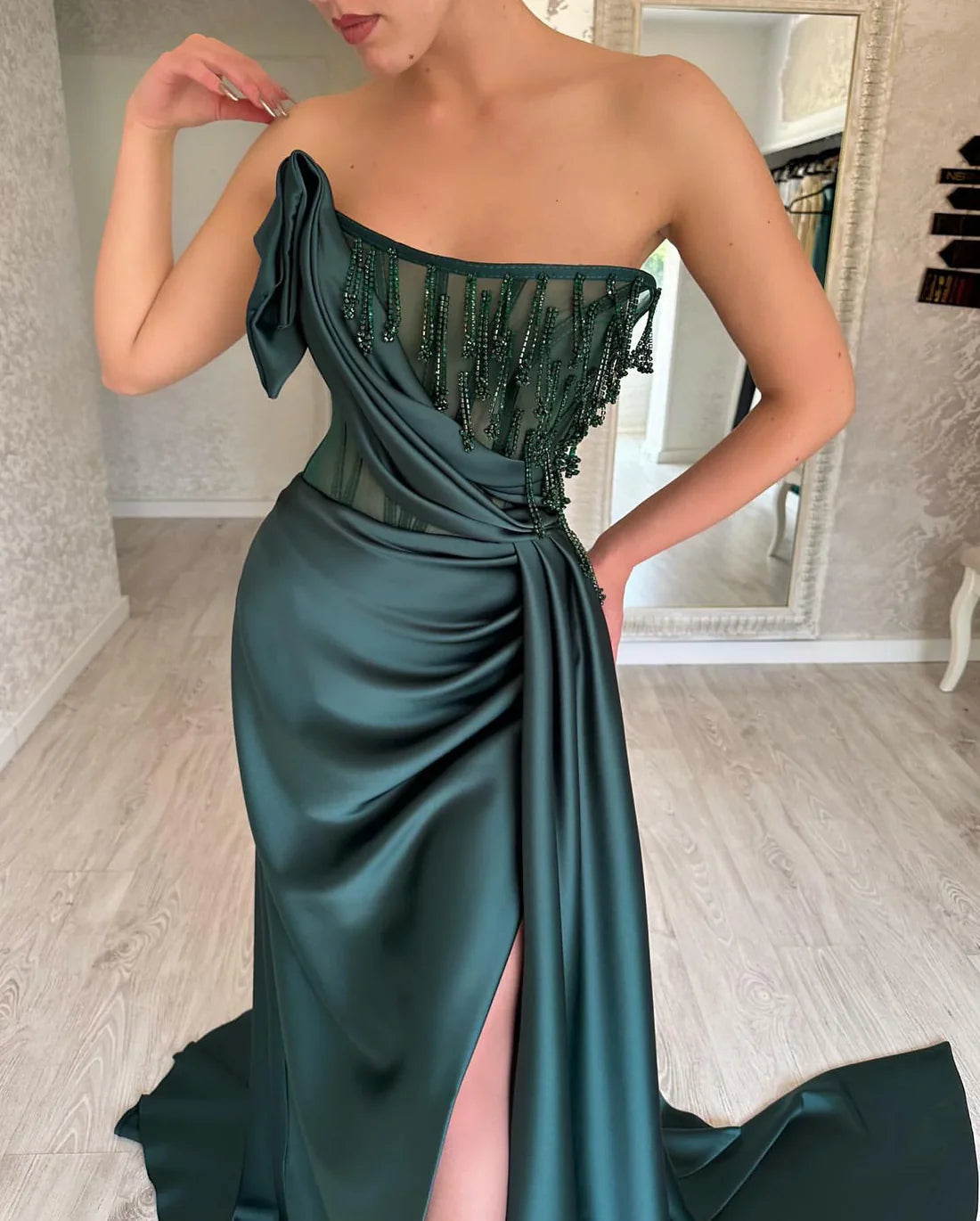 Luolandi Deep green A-line slit sleeveless beaded long evening dress Off Shoulder With Slit