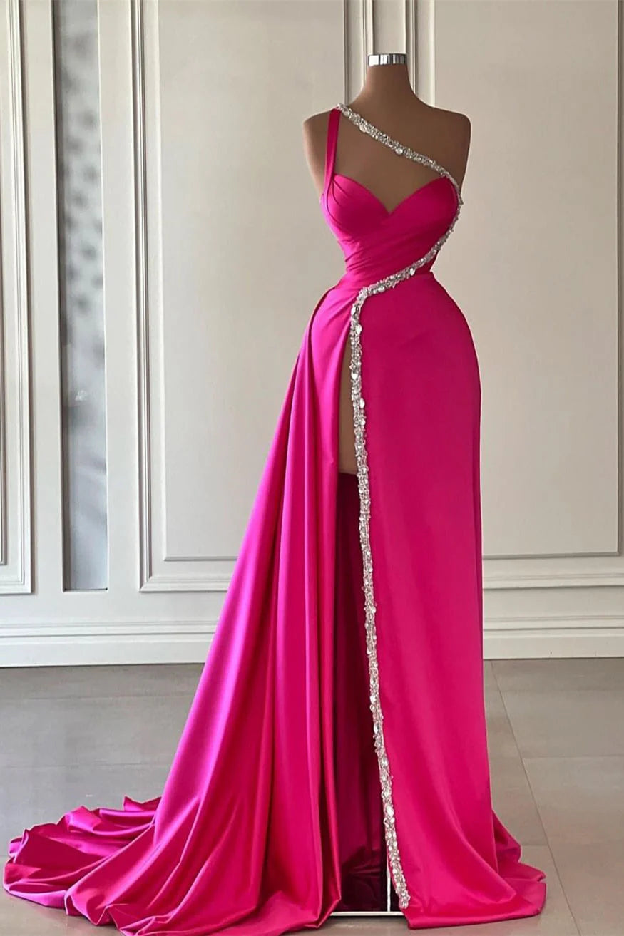 Luolandi Elegant Long Fuchsia One Shoulder Jewels Sleeveless Prom Dress Long Slit Sexy Evening Dress
