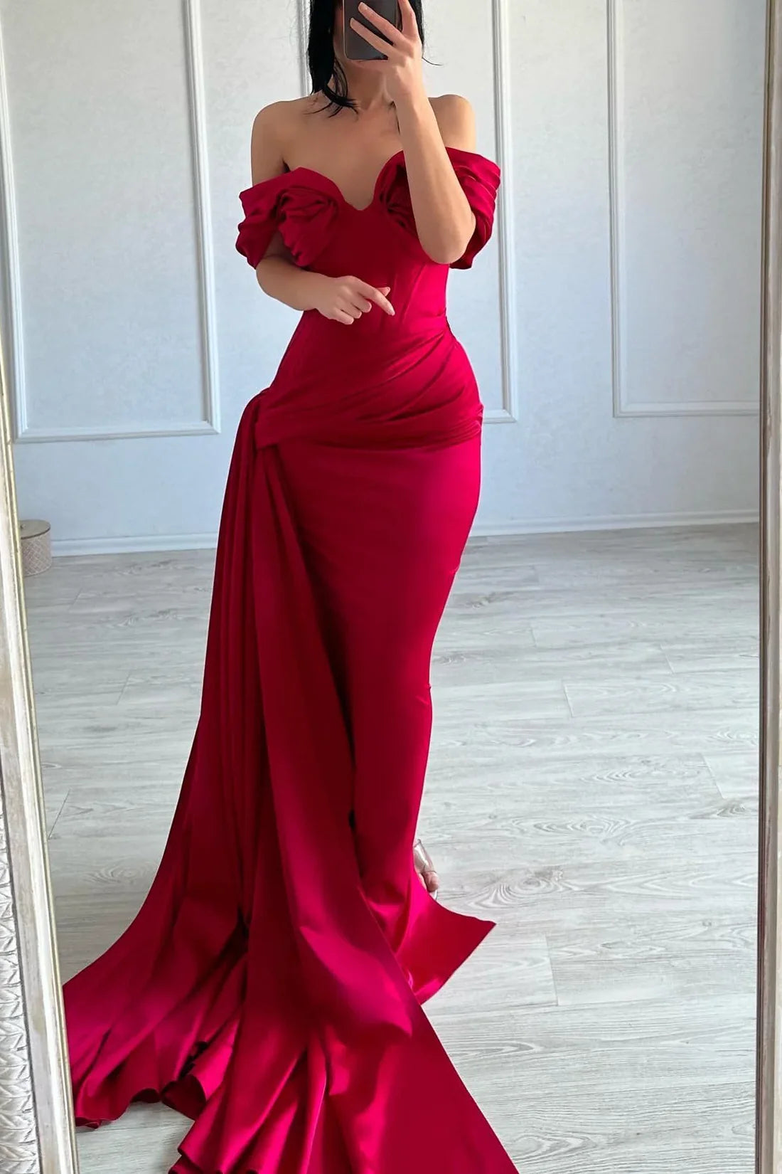 Luolandi Elegant long fish tail off shoulder sleeveless V-neck satin purple red evening dress Sexy