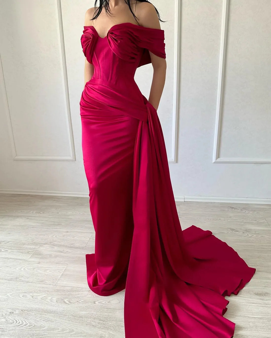 Luolandi Elegant long fish tail off shoulder sleeveless V-neck satin purple red evening dress Sexy