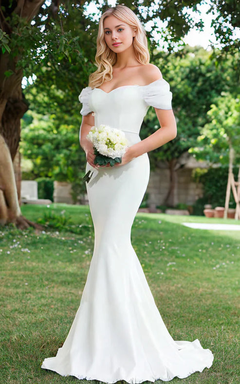Luolandi Elegant Mermaid Sweetheart Sexy Off-the-Shoulder Wrap-Around Satin Wedding Dress Simple