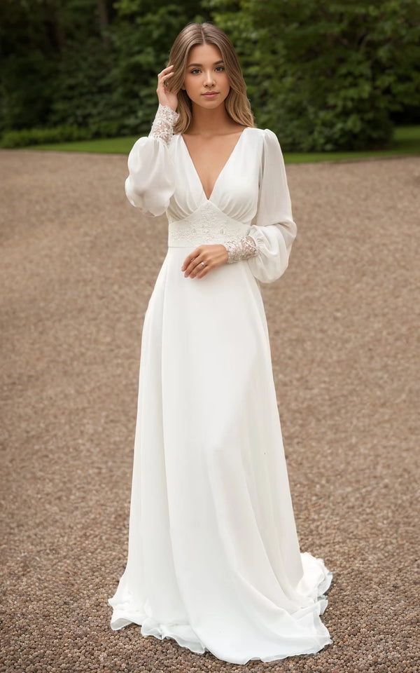 Luolandi Elegant A-Line V-neck Floor Chiffon Long Sleeve Wedding Dress Charming Party Dress