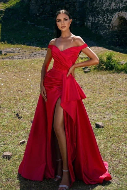 Luolandi Elegant Off The Shoulder Red Prom Dress Long With Slit Sexy Evening Dress Formal Dress