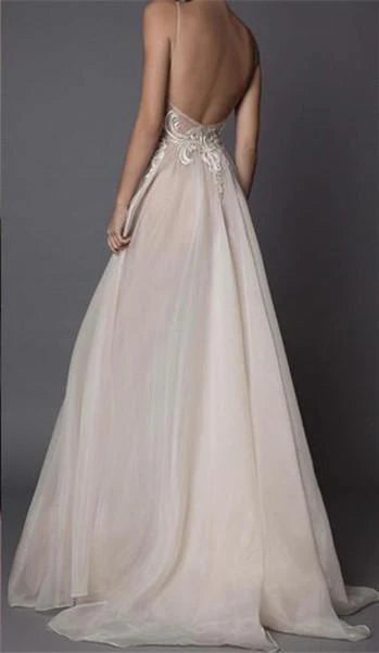 Luolandi Elegant Organza Spaghetti Straps Neckline A-line Wedding Dresses With Appliques Sexy