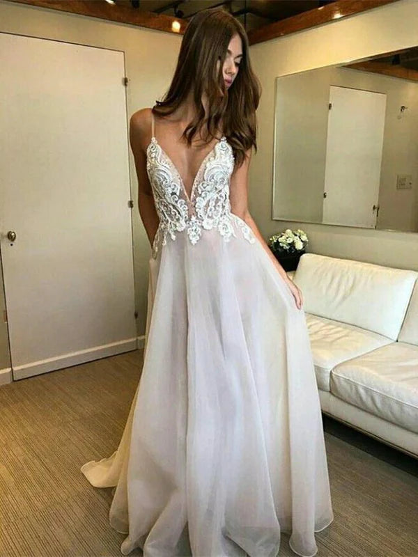Luolandi Elegant Organza Spaghetti Straps Neckline A-line Wedding Dresses With Appliques Sexy