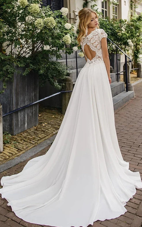 Luolandi Elegant Satin and Lace Bateau A Line Court Train Wedding Dress with Ruching