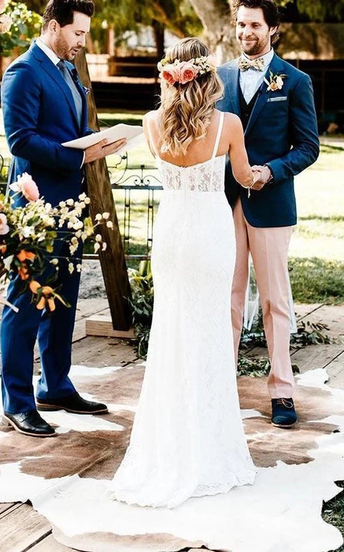 Luolandi Elegant Mermaid Lace Spaghetti Sweetheart Sleeveless Wedding Dress With Split Front