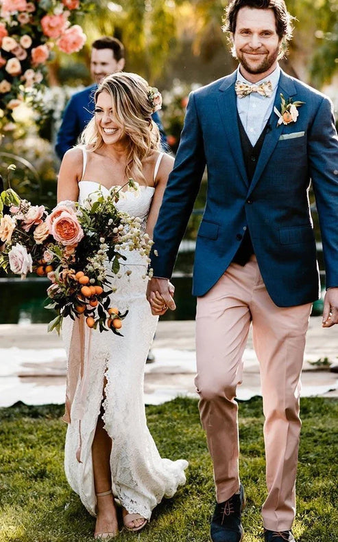 Luolandi Elegant Mermaid Lace Spaghetti Sweetheart Sleeveless Wedding Dress With Split Front