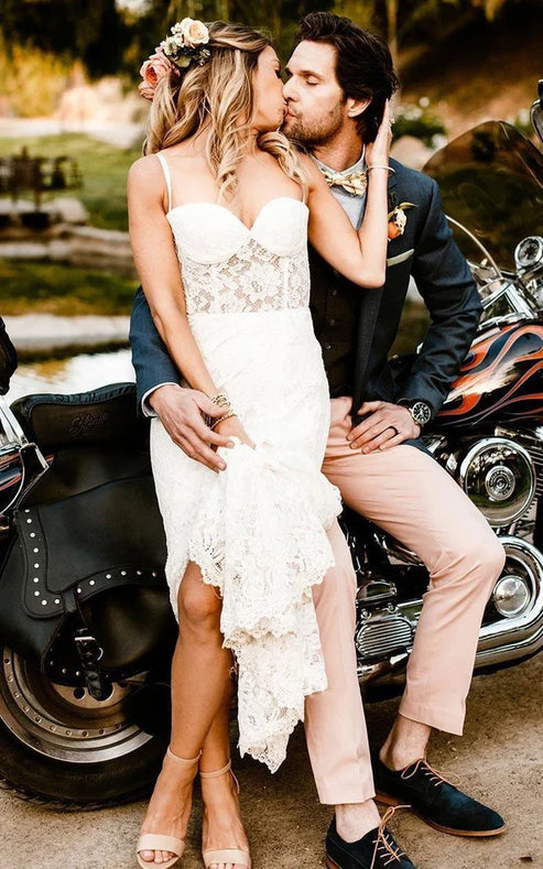 Luolandi Elegant Mermaid Lace Spaghetti Sweetheart Sleeveless Wedding Dress With Split Front