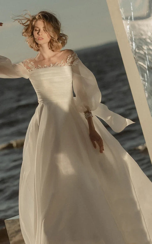 Luolandi Elegant Simple Beach A-Line Lace Organza Floor Zipper Low-V BackWedding Dress with Sheer Sleeve Floor Length