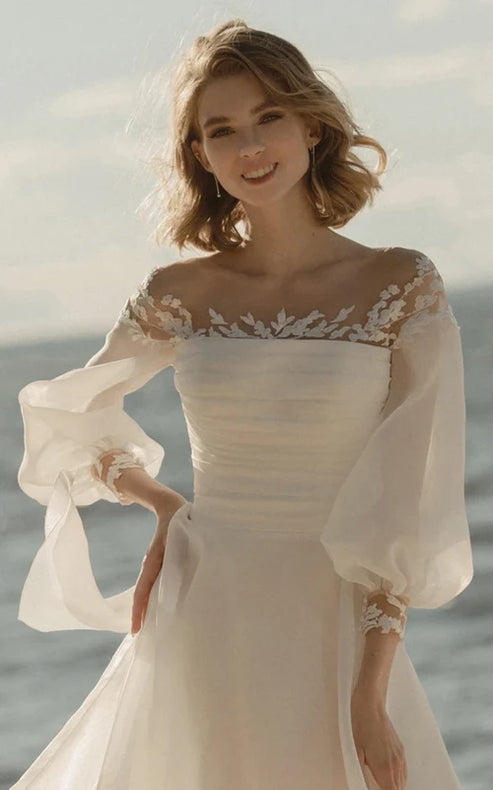 Luolandi Elegant Simple Beach A-Line Lace Organza Floor Zipper Low-V BackWedding Dress with Sheer Sleeve Floor Length