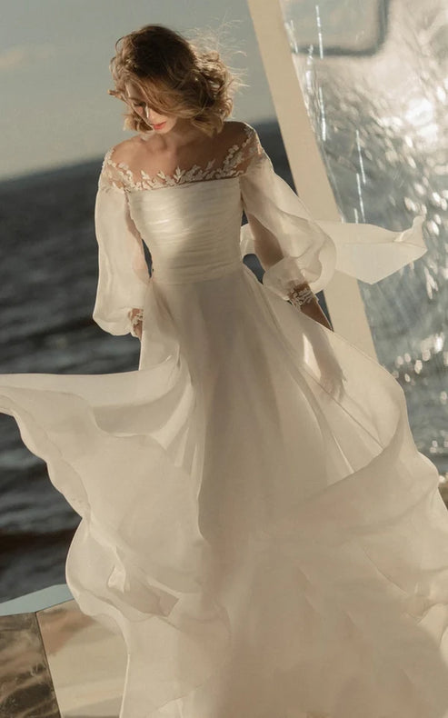 Luolandi Elegant Simple Beach A-Line Lace Organza Floor Zipper Low-V BackWedding Dress with Sheer Sleeve Floor Length