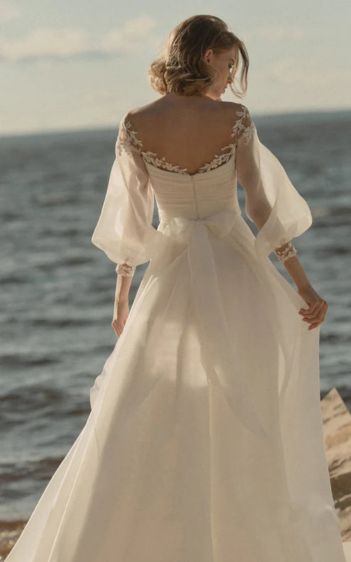Luolandi Elegant Simple Beach A-Line Lace Organza Floor Zipper Low-V BackWedding Dress with Sheer Sleeve Floor Length