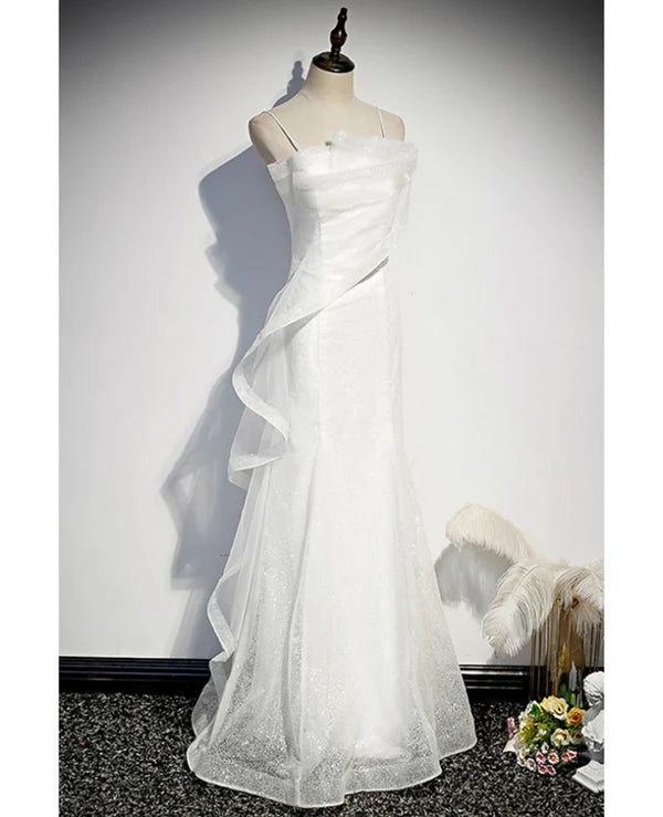 Luolandi Sparkling sleeveless off shoulder ball dress with thin shoulder straps backless straps and floor length ruffled edge for evening dressing