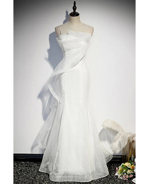 Luolandi Sparkling sleeveless off shoulder ball dress with thin shoulder straps backless straps and floor length ruffled edge for evening dressing