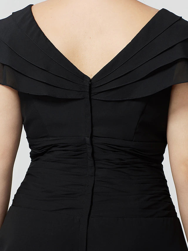 Luolandi A-Line Mother of the Bride Dress Plus Size Elegant Sexy V Neck Knee Length Chiffon Short Sleeve No with Beading