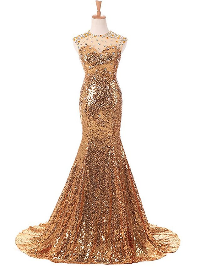 Luolandi Mermaid / Trumpet Prom Dresses Sparkle Dress Prom Court Train Sleeveless Jewel Neck Sequined