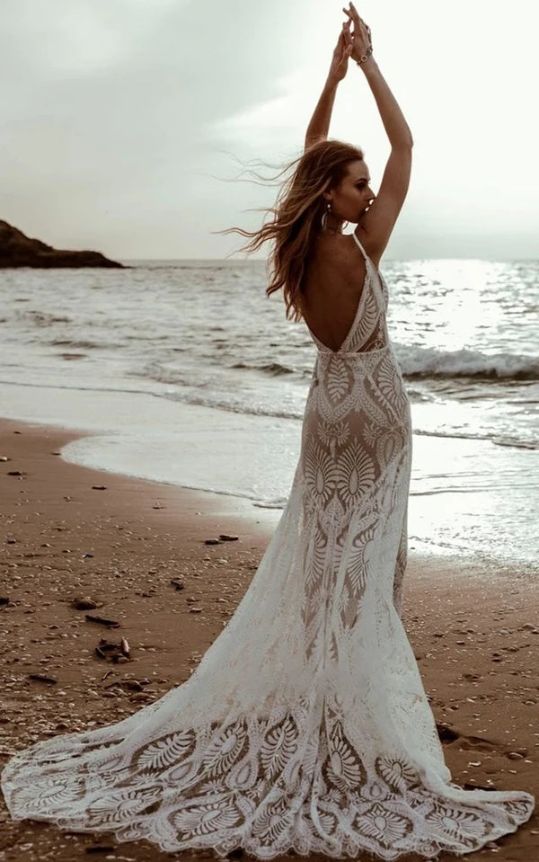 Luolandi Beach Floral Mermaid Plunging Boho Lace Wedding Dress with Sweep Train V-neck Open Back