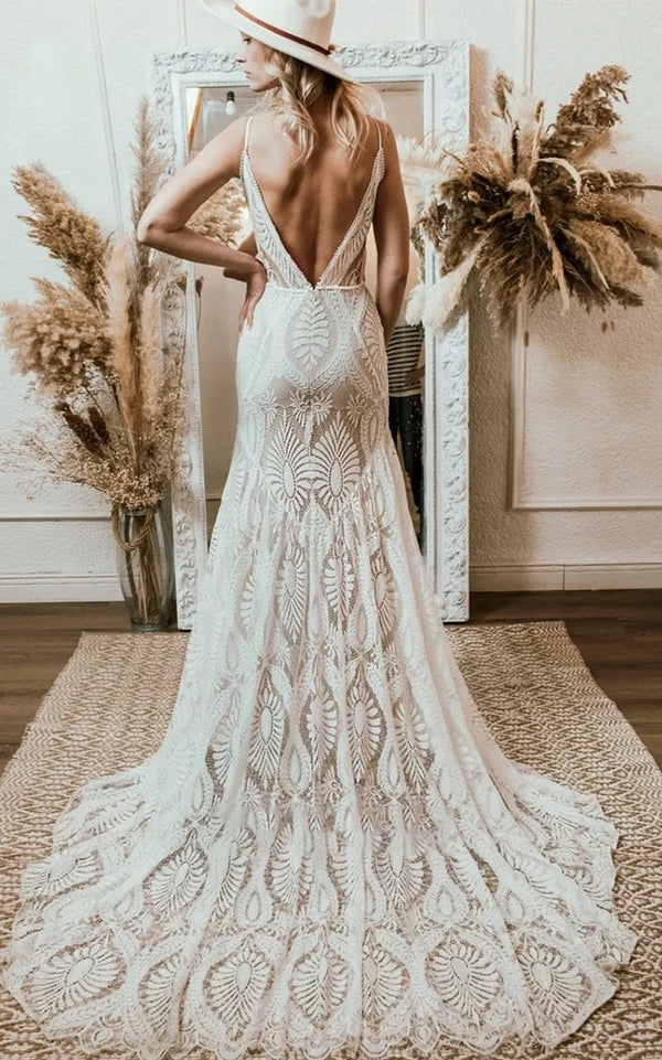 Luolandi Beach Floral Mermaid Plunging Boho Lace Wedding Dress with Sweep Train V-neck Open Back