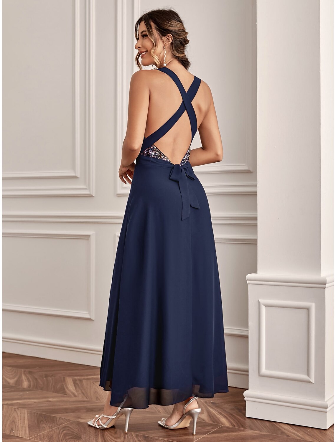 Luolandi A-Line Wedding Guest Dresses Sparkle & Shine Dress Holiday Ankle Length Sleeveless V Neck Sequined with Sequin