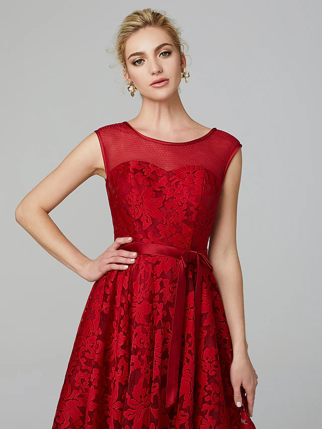Luolandi A-Line Elegant Dress Cocktail Party Tea Length Sleeveless Illusion Neck All Over Floral Lace