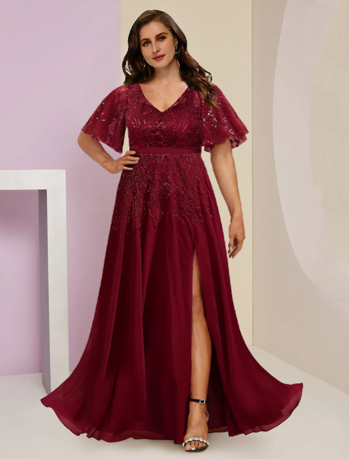 Luolandi Mother of the Bride Dresses Plus Size Curve Hide Belly Wedding Guest Elegant Sparkle & Shine V Neck Floor Length Chiffon Lace Sequined Short Sleeve with Pleats Split