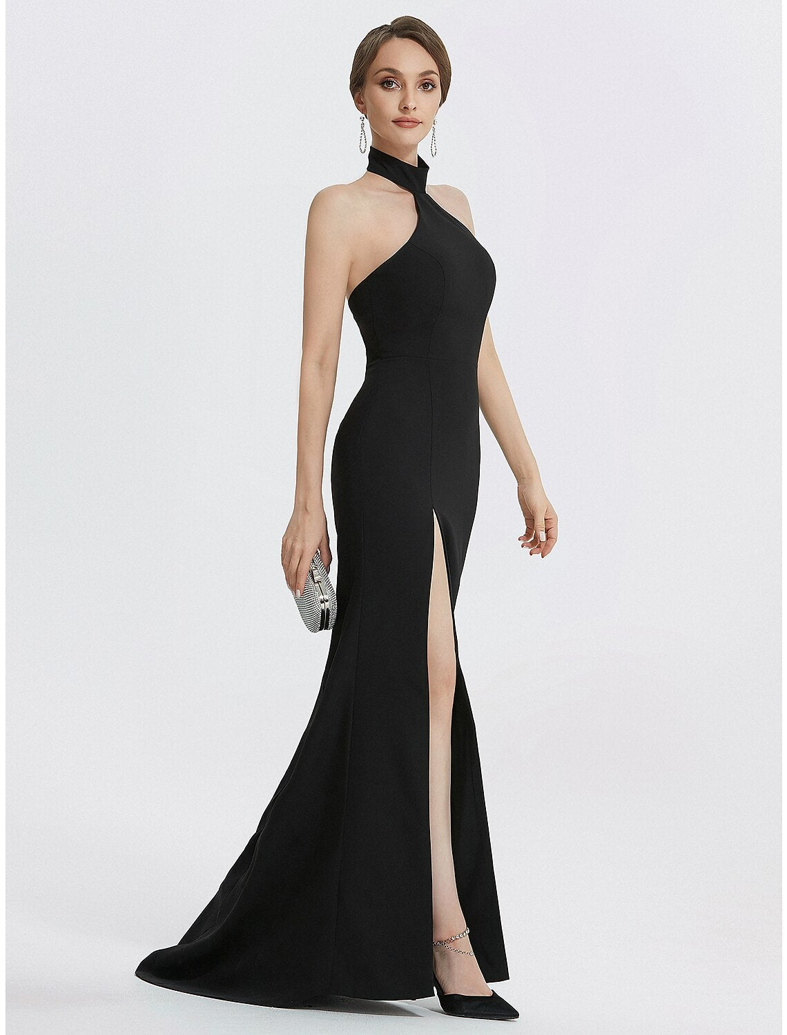Luolandi Sheath / Column Evening Gown Black Dress Dress Wedding Guest Prom Floor Length Sleeveless Halter Neck Fabric